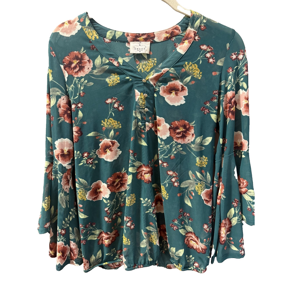Ember Women's M Sheer Hunter Green Bell Sleeve Blouse Boho Cottagecore Festival